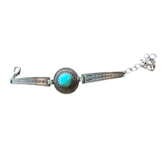 Native American Navajo Bracelet Silver Tone Turquoise 7" Cuff Round Center 1" - Picture 2 of 5